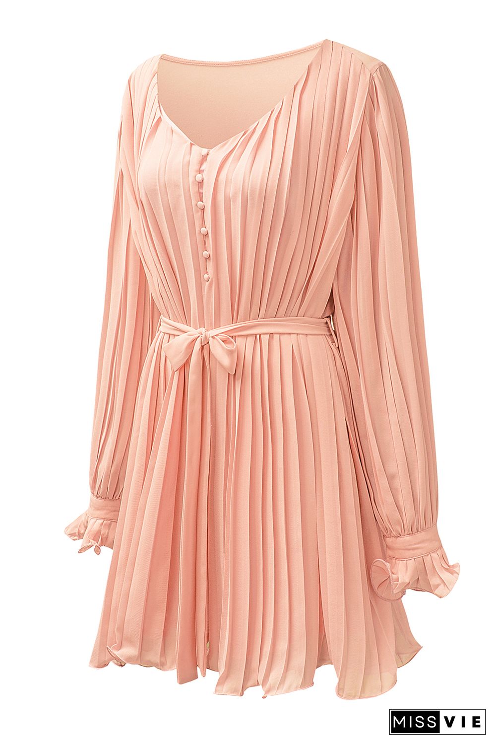 Pink Pleated Ruffled Tie Waist Buttons V Neck Romper