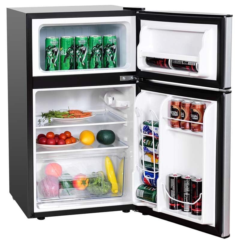 3.2 Cu.Ft 2-Door Compact Refrigerator Mini Freezer Cooler Fridge with Reversible Stainless Steel Door