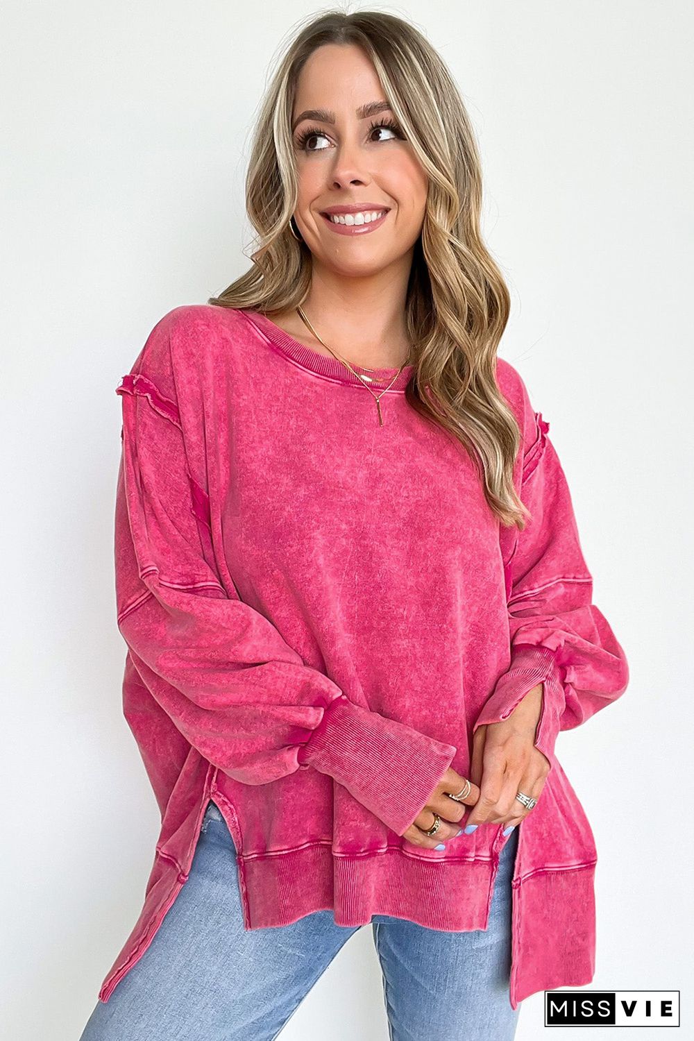 Rose Acid Wash Relaxed Fit Seamed Pullover Sweatshirt with Slits