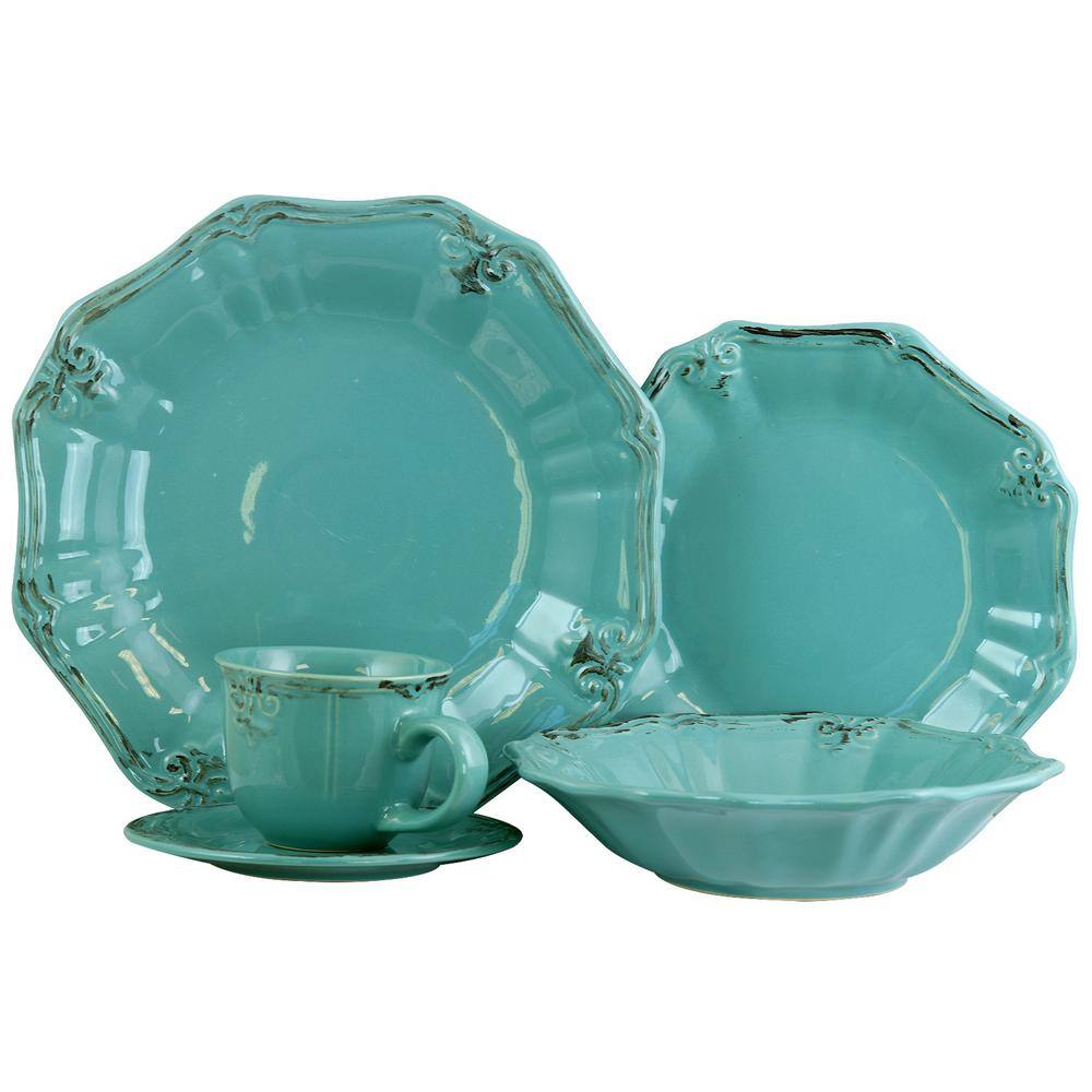 Elama Fleur De Lys 20-Piece Traditional Turquoise Stoneware Dinnerware Set (Service for 4) 985102839M