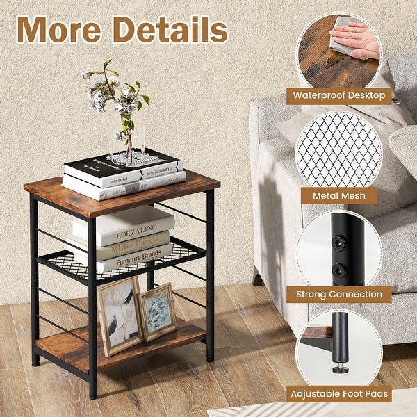 Costway 2 PCS 3-Tier Side End Table with Adjustable Mesh Shelf Narrow - 15'' x 12'' x 20'' (Lx Wx H)