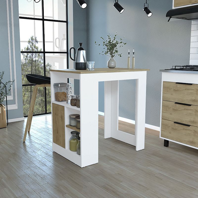 DEPOT E-SHOP Masset Kitchen Island with Side Shelves and Cabinet， White / Macadamia