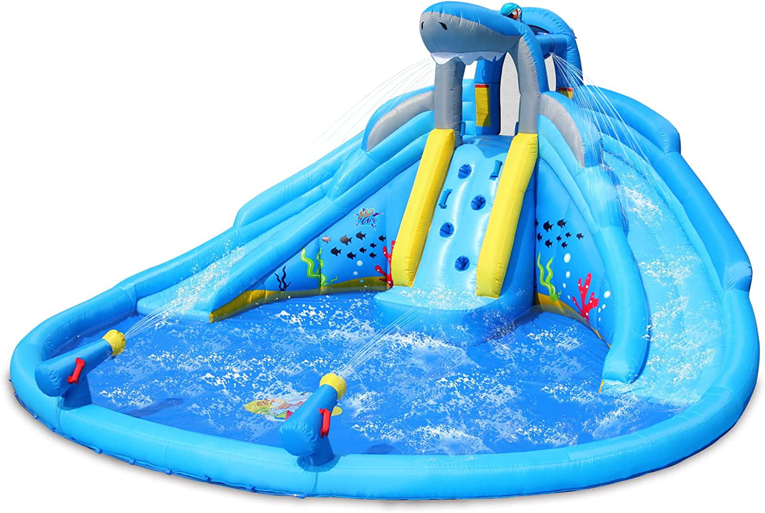 ACTION AIR Inflatable Water Slide, Double Waterslides Shark Theme Water Park, Bounce House for Wet and Dry, 2 Water Sprays with Huge Water Pool Backyard, Durable Sewn and Extra Thick