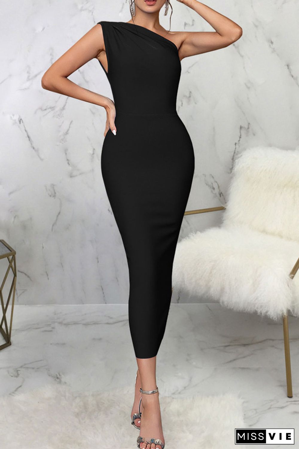 Black Sexy Solid Patchwork Oblique Collar Pencil Skirt Dresses