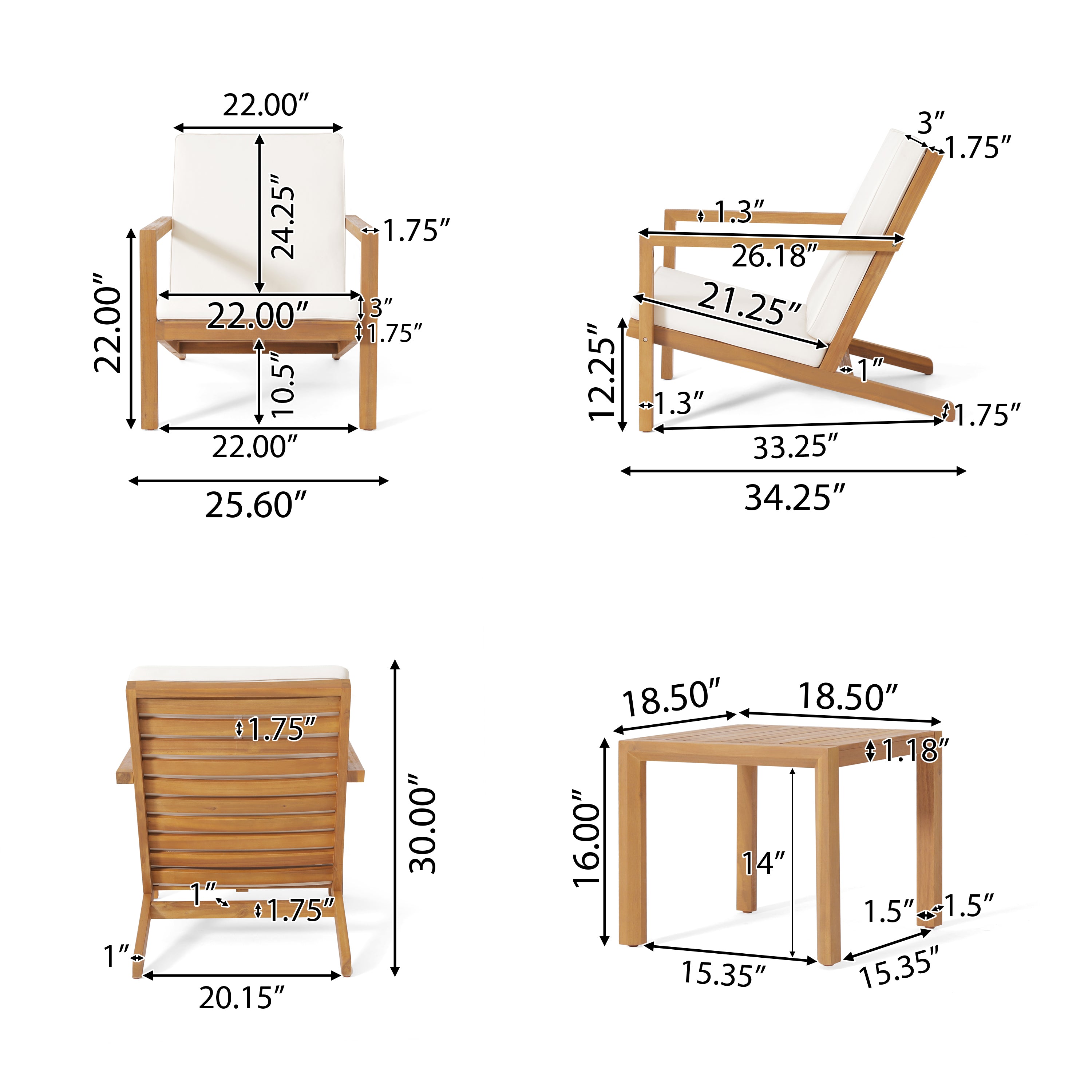 Ludwig Outdoor Acacia Wood 3 Piece Chat Set with Cushions