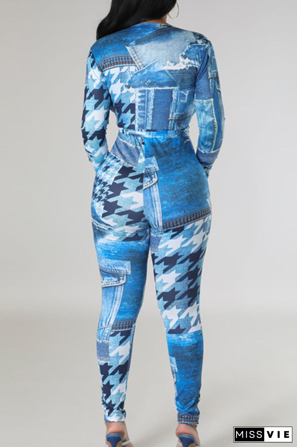 Street Print Bandage Patchwork V Neck Skinny Jumpsuits