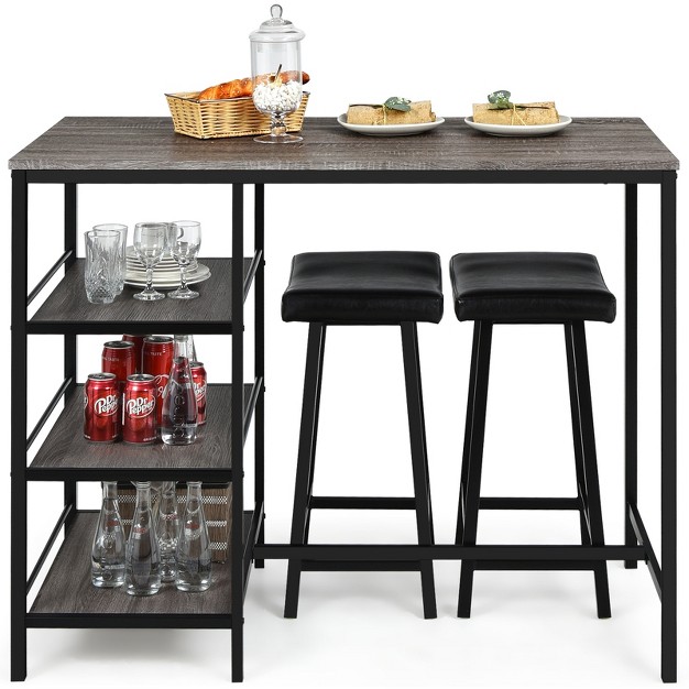 Tangkula 3pc Dining Table Set Pub Bar Table Set 3 Tier Storage Shelves With 2 Pub Stools Upholstered