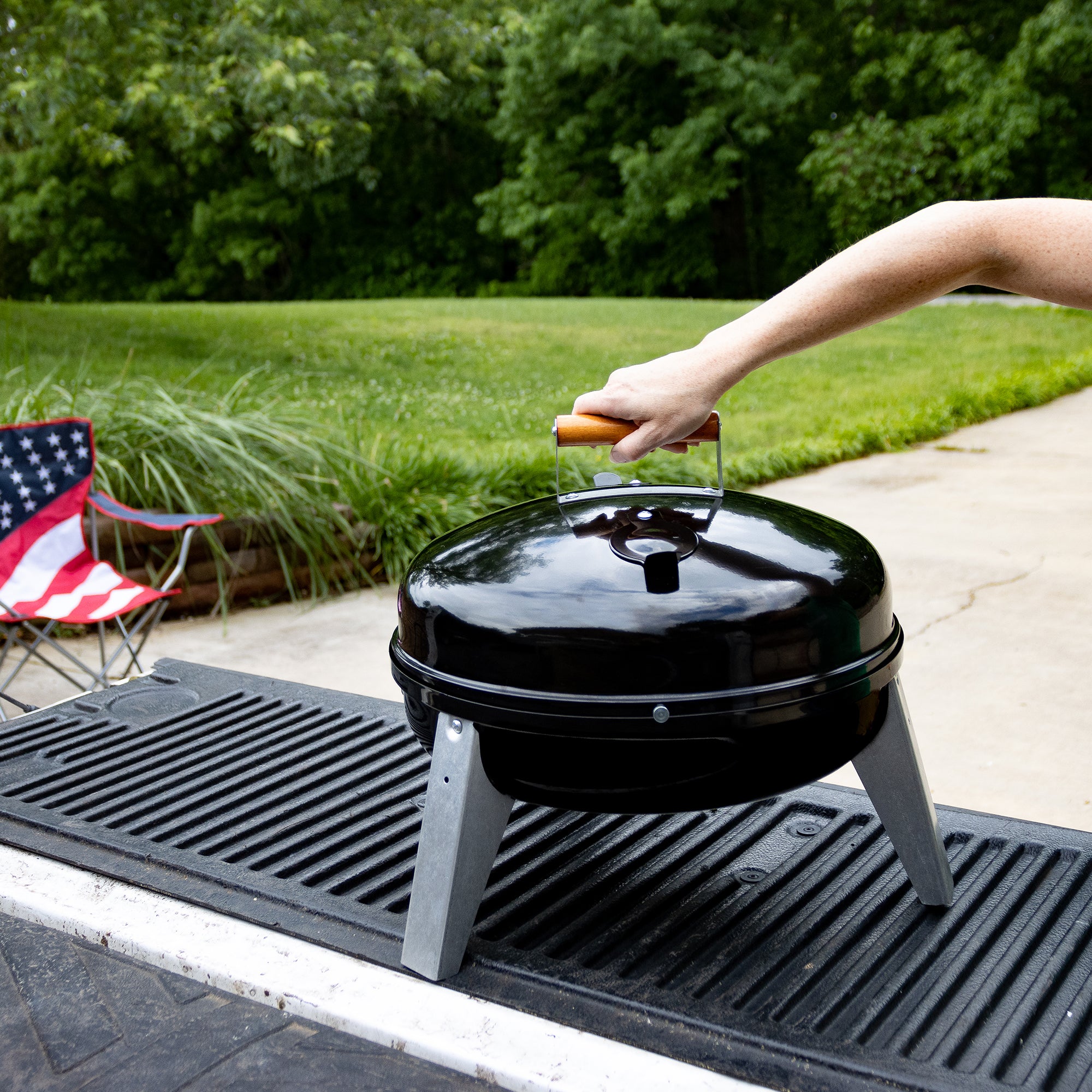 Americana Lock N Go Portable Charcoal Grill with Locking Hood & Bowl, Black