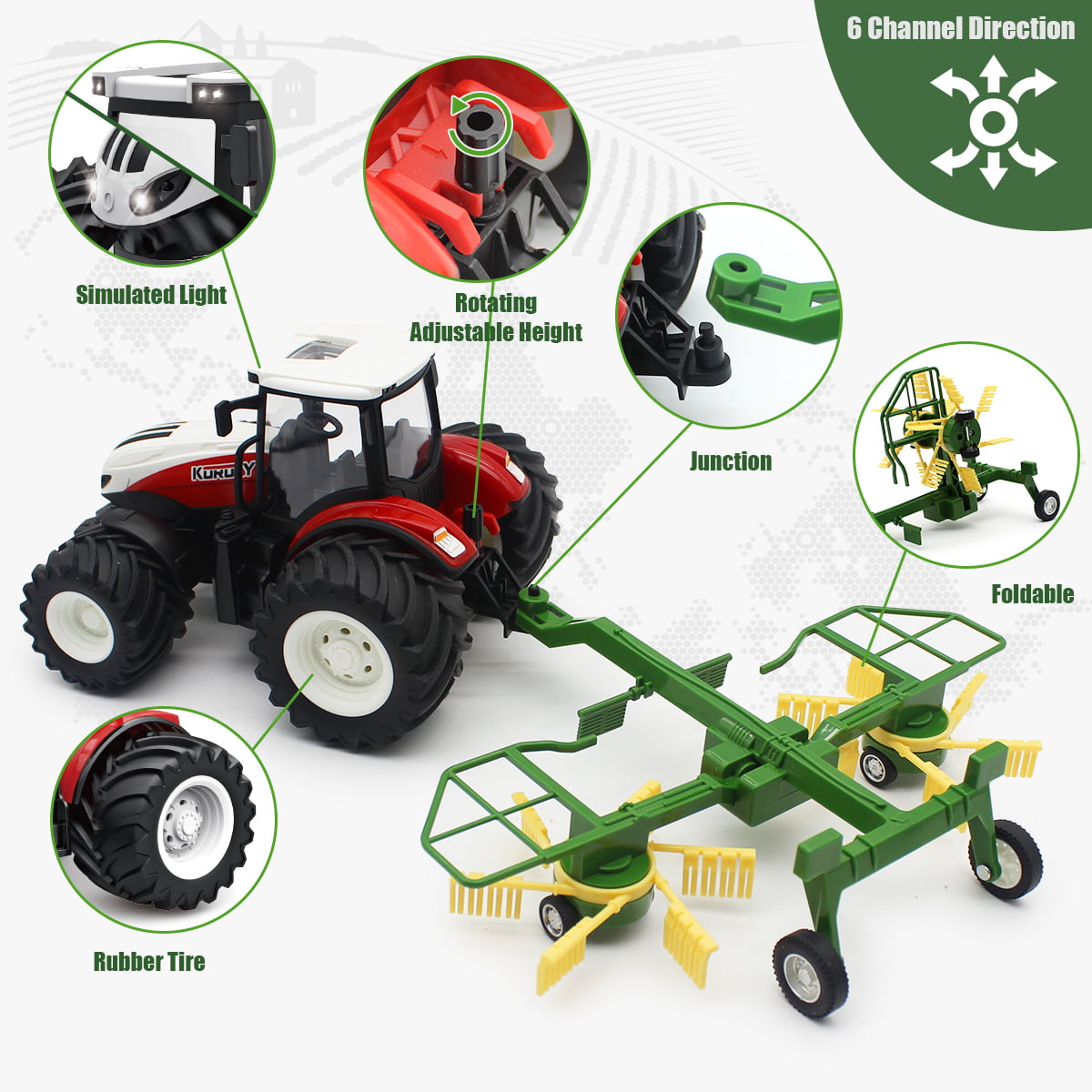 Fisca Remote Control Farm Tractors Toys for Kids with Windrower， RC Farm Trucks Vehicles for Toddlers