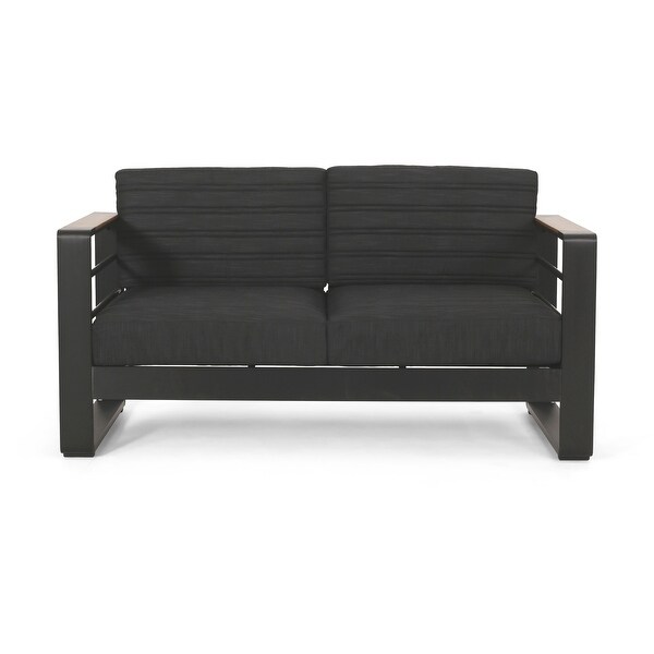 Giovanna Outdoor Black Aluminum Loveseat with Charcoal Cushions by Christopher Knight Home