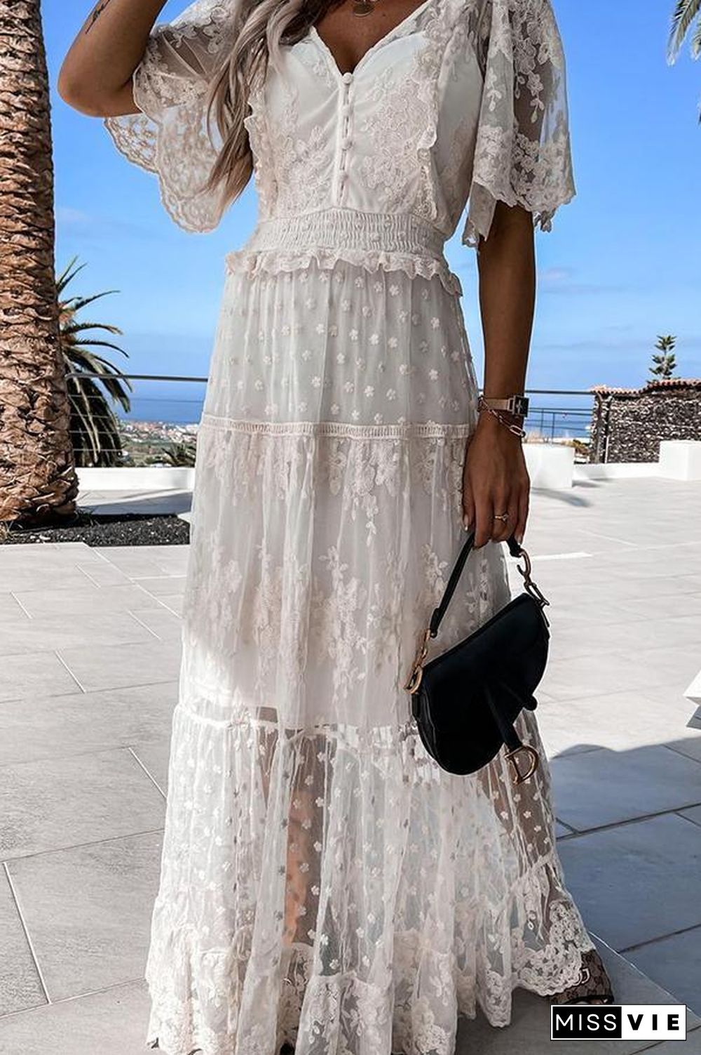 White Mesh Lace Sequin Maxi Dress P16385