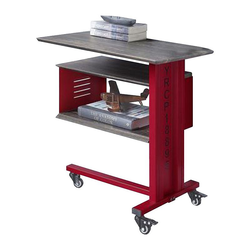 Accent Table with Metal Cargo Style and 3 Caster Wheels， Red