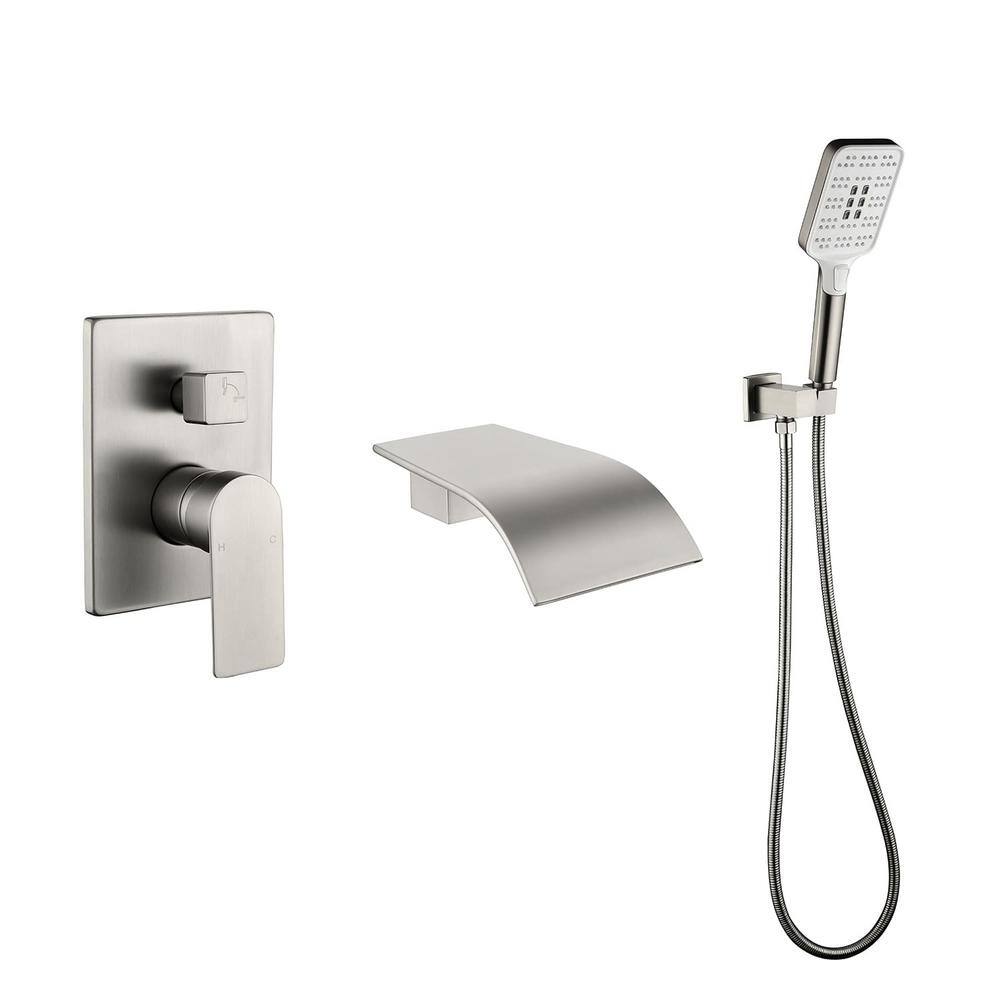 FLG Single-Handle Waterfall Wall Mount Roman Tub Faucet with Hand Shower in Brushed Nickel SS-0041-BN