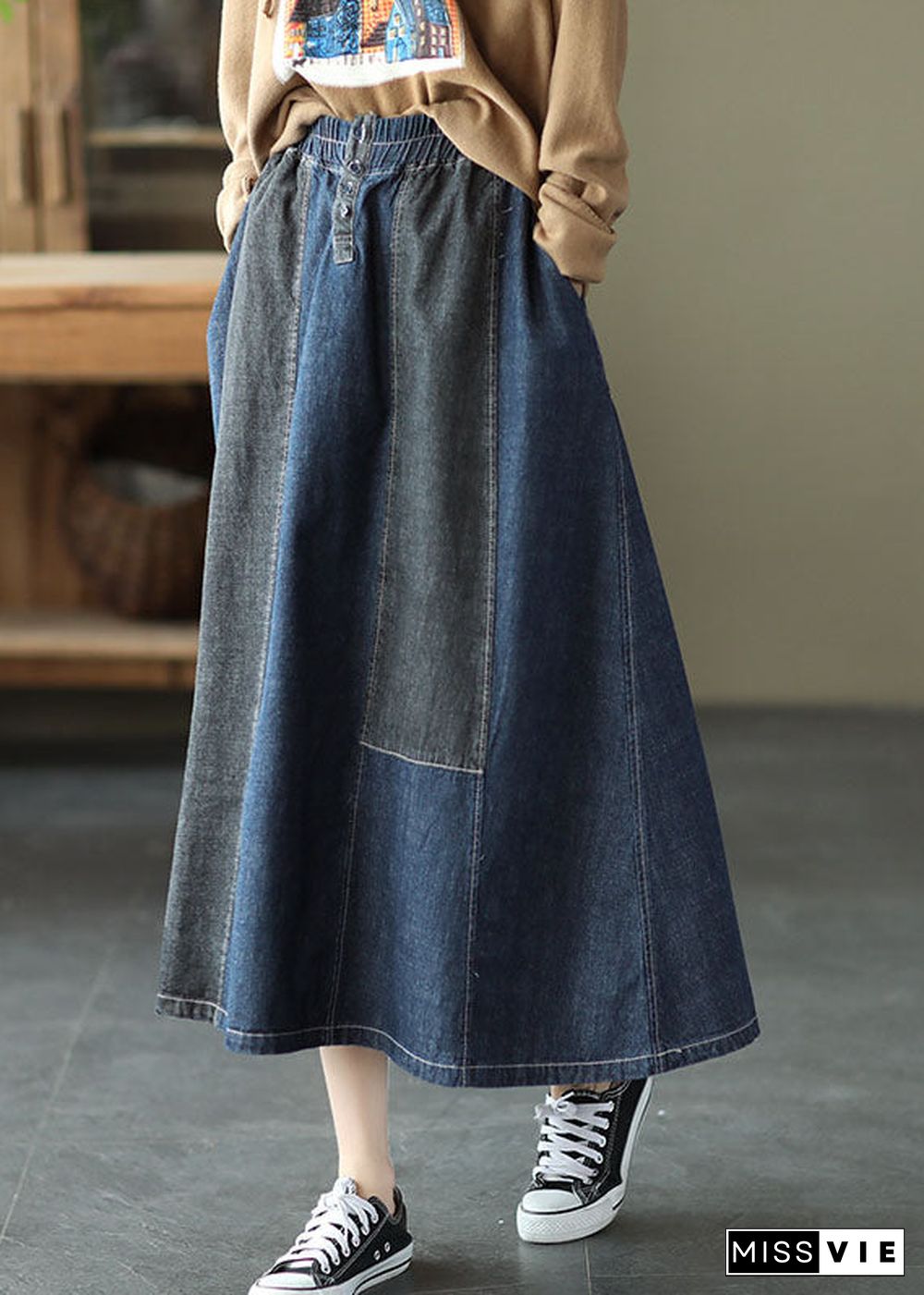 Dark Blue Denim Skirt Elastic Waist Button Spring