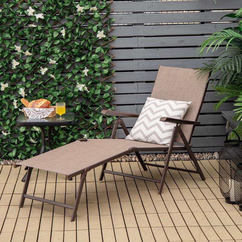 2 Pcs Folding Chaise Lounge Chair with 5-Position Backrest & 2-Position Footrest, Fabric Seat Sun Lounger for Pool Deck Beach