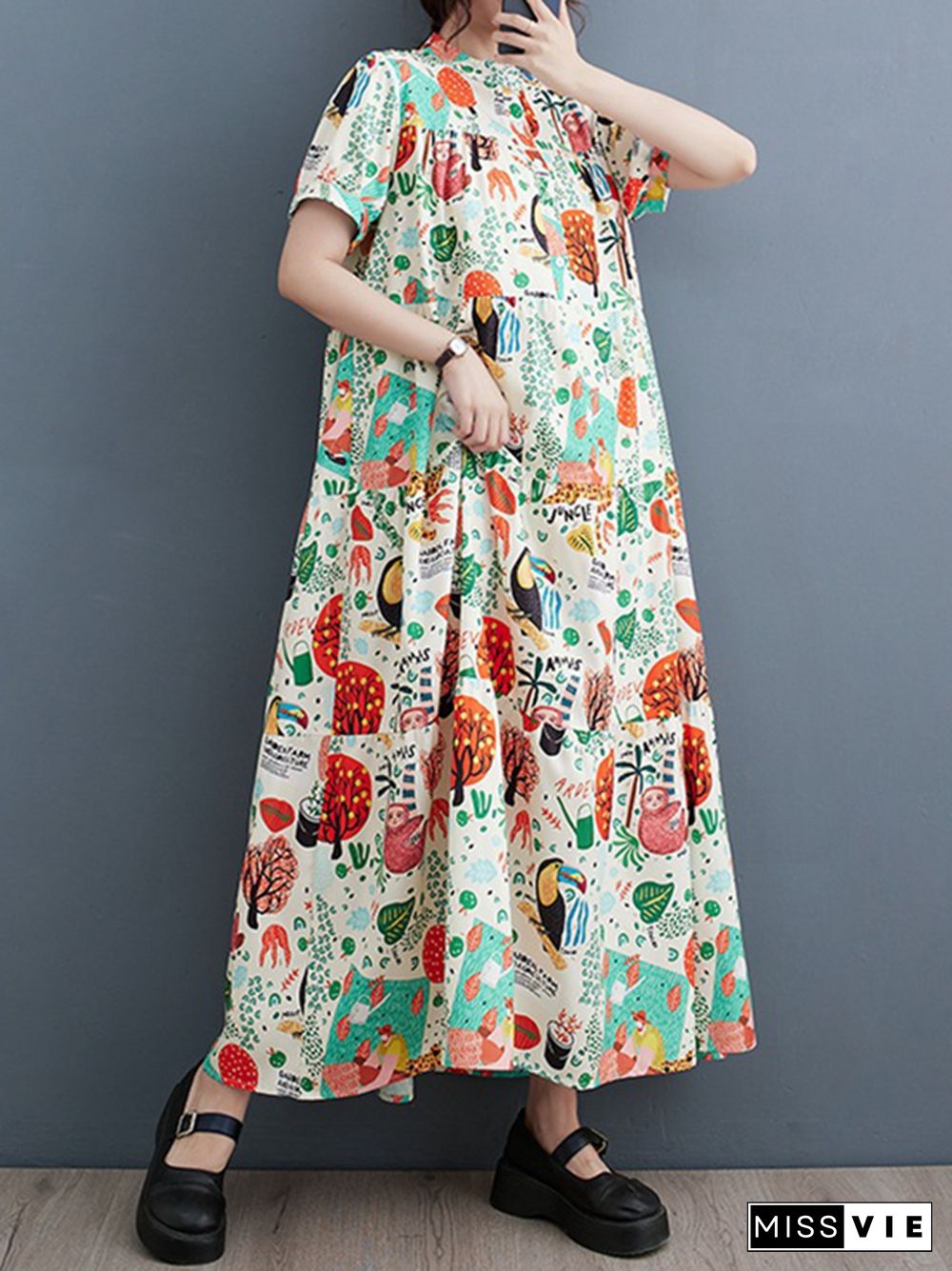 Loose Short Sleeves Buttoned Printed Split-Joint Stand Collar Midi Dresses