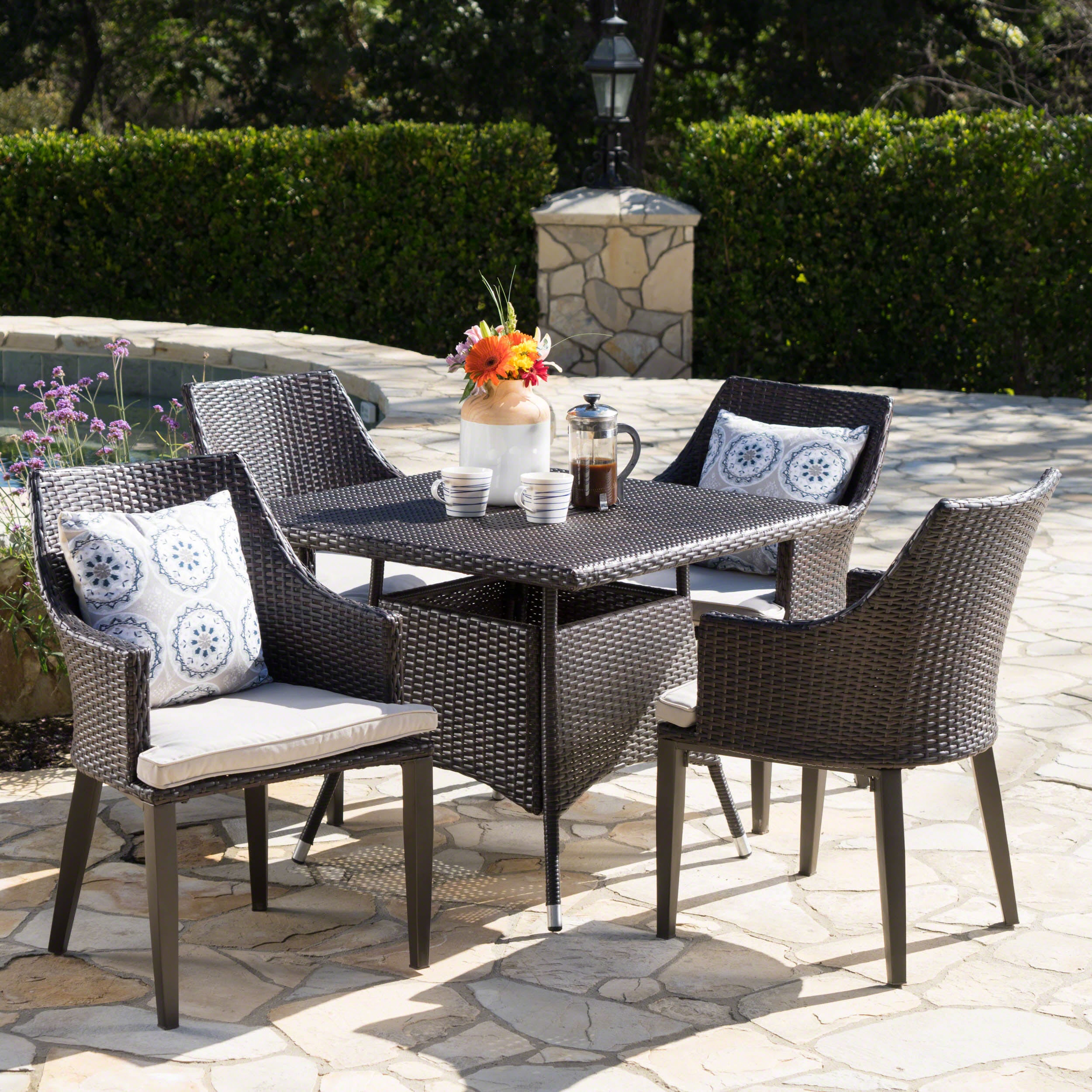 Leeward Outdoor 5 Piece Wicker Square Dining Set with Water Resistant Cushions