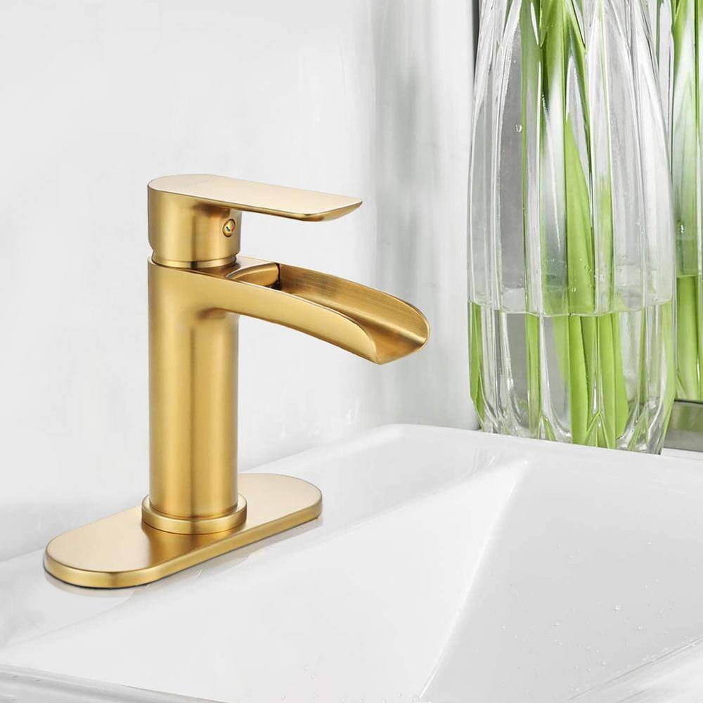 Miscool Single-Handle Single-Hole Bathroom Sink Faucet with Pop-up Drain Assembly Waterfall in Brushed Gold FAMSH10C1970BGL