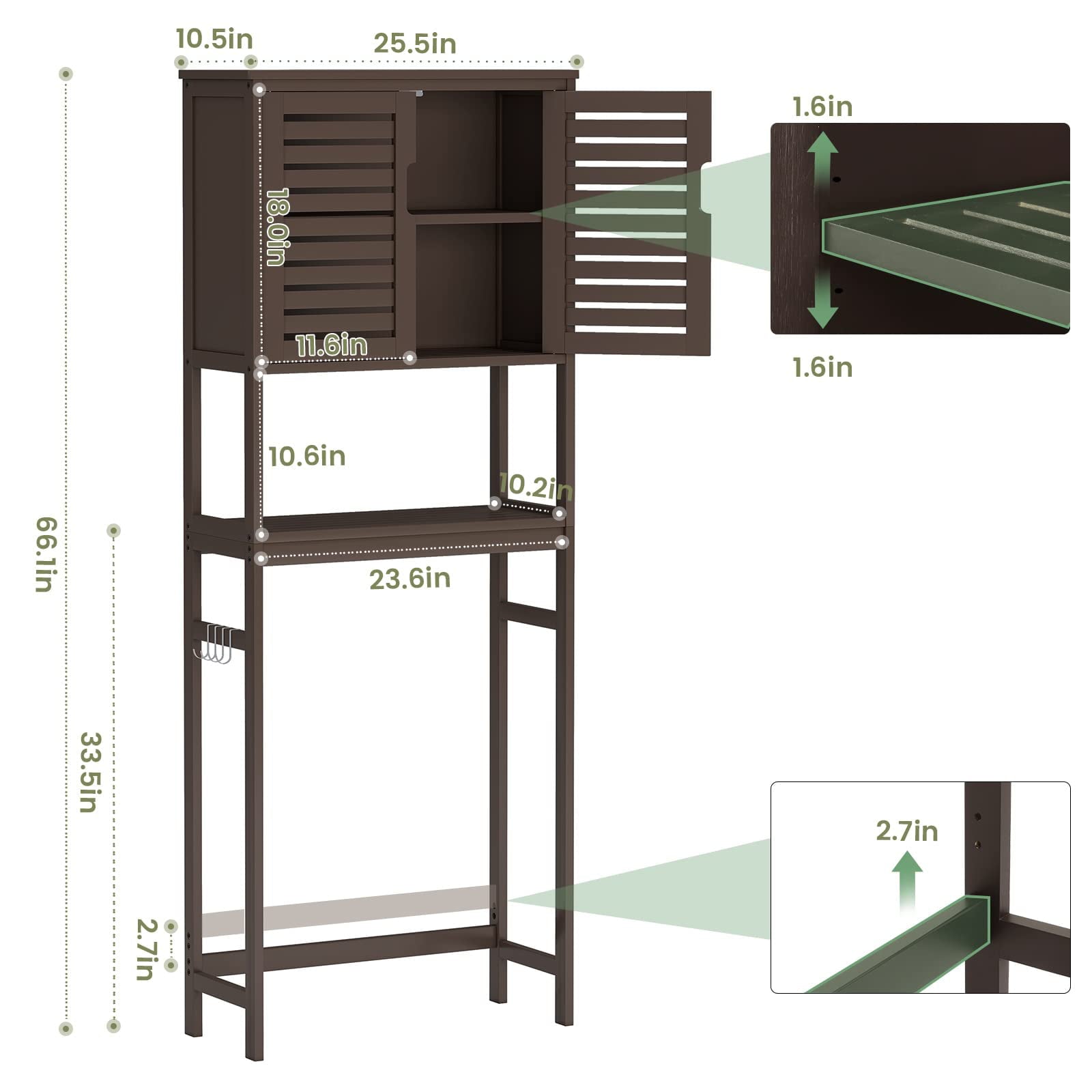 Over The Toilet Storage Cabinet, Freestanding Toilet Shelf with Cupboard and Adjustable Shelve, Brown