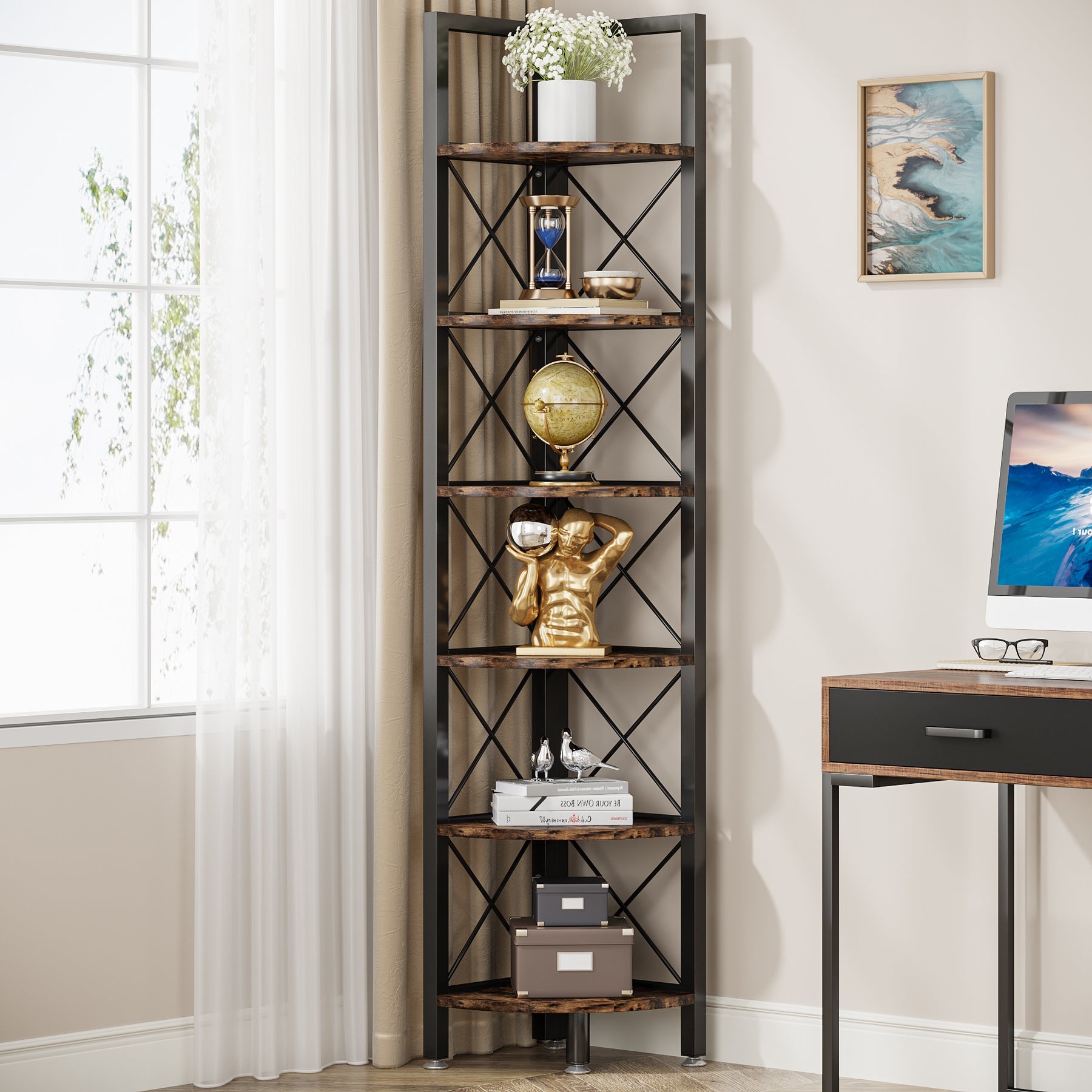 6-Tier Corner Shelf Small Bookshelf Storage Rack for Small Space