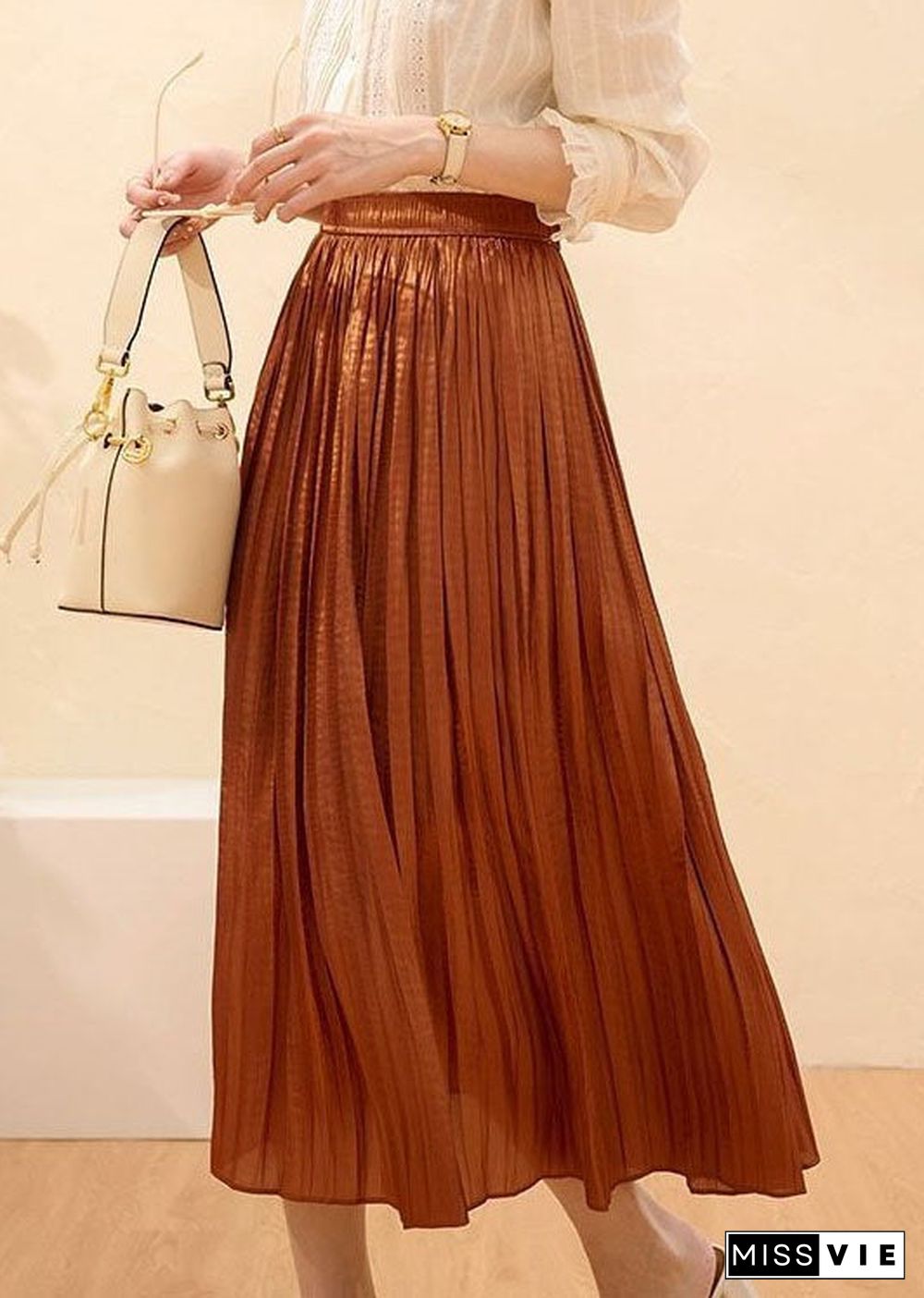 Women Caramel Wrinkled Patchwork Silk Skirts Summer