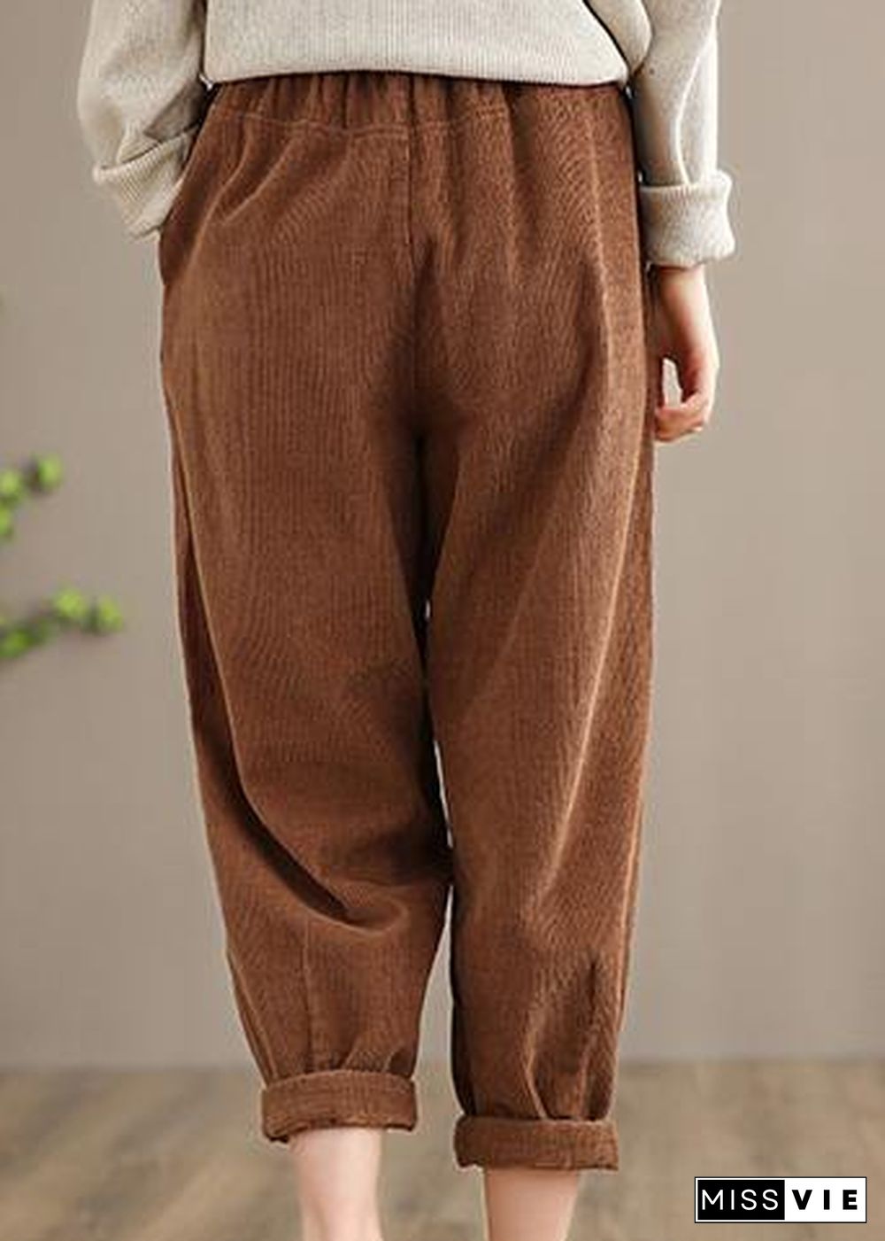 Italian Chocolate Casual Spring Elastic Waist Pockets Wide Leg Pants