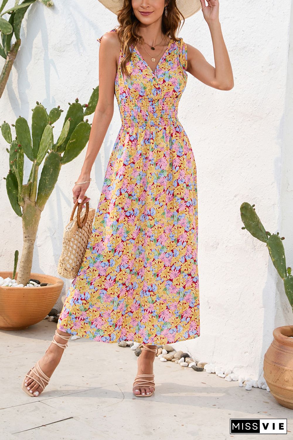 V Neck Floral Print Elastic Waist Dress