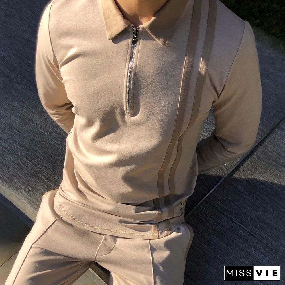 Color-matched striped long-sleeved polo shirt