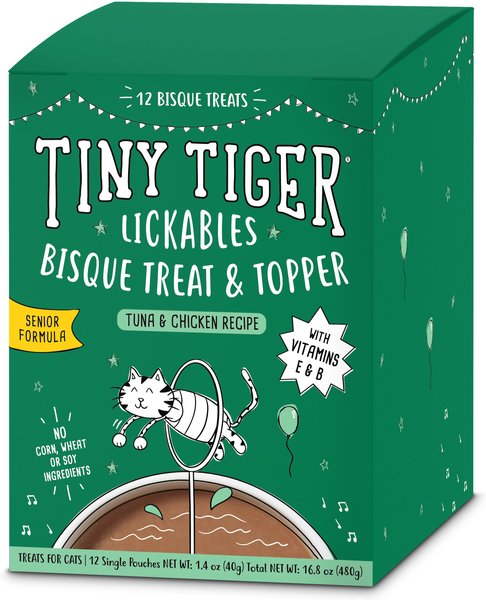 Tiny Tiger Lickables， Senior Formula， Tuna and Chicken Recipe， Bisque Cat Treat and Topper