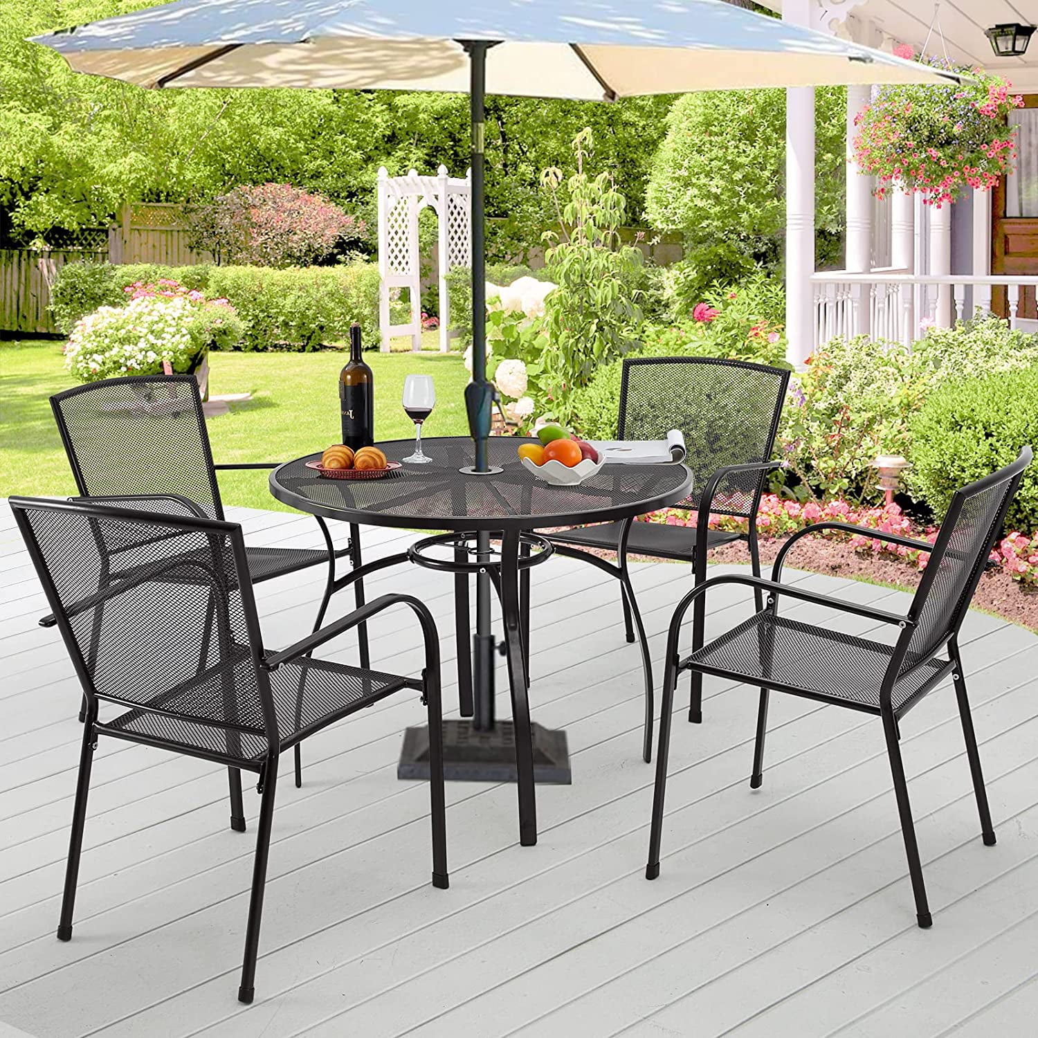 YODOLLA 5-Piece Patio Metal Dining Set， Outdoor Metal Dining Table Set with Round Table 1.73” Umbrella Hole and 4 Stackable Arm Chairs， Patio Dining Bistro Set for Garden，Bistro，Deck，Dark Gray