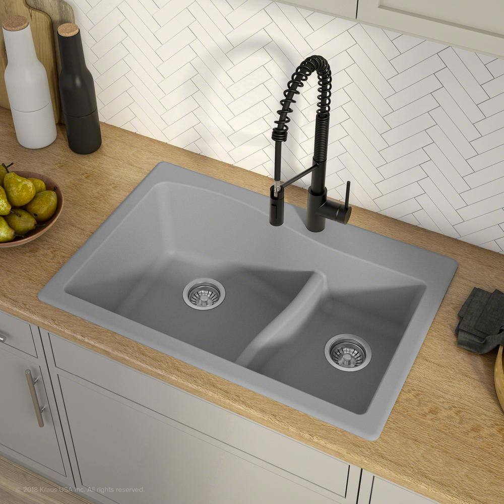 KRAUS Quarza Drop-inUndermount Granite Composite 33 in. 1-Hole 6040 Double Bowl Kitchen Sink in Grey KGD-442GREY