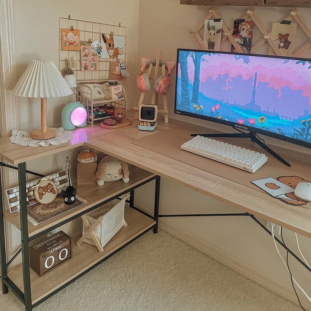 Small L Shaped Desk with Storage Shelves Corner Computer Desk