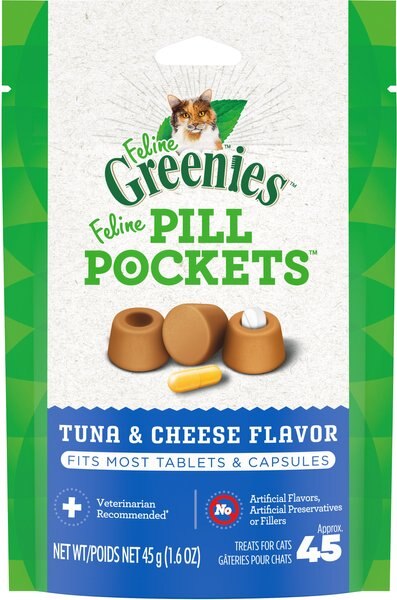 Greenies Pill Pockets Feline Tuna and Cheese Flavor Natural Soft Adult Cat Treats， 45 count