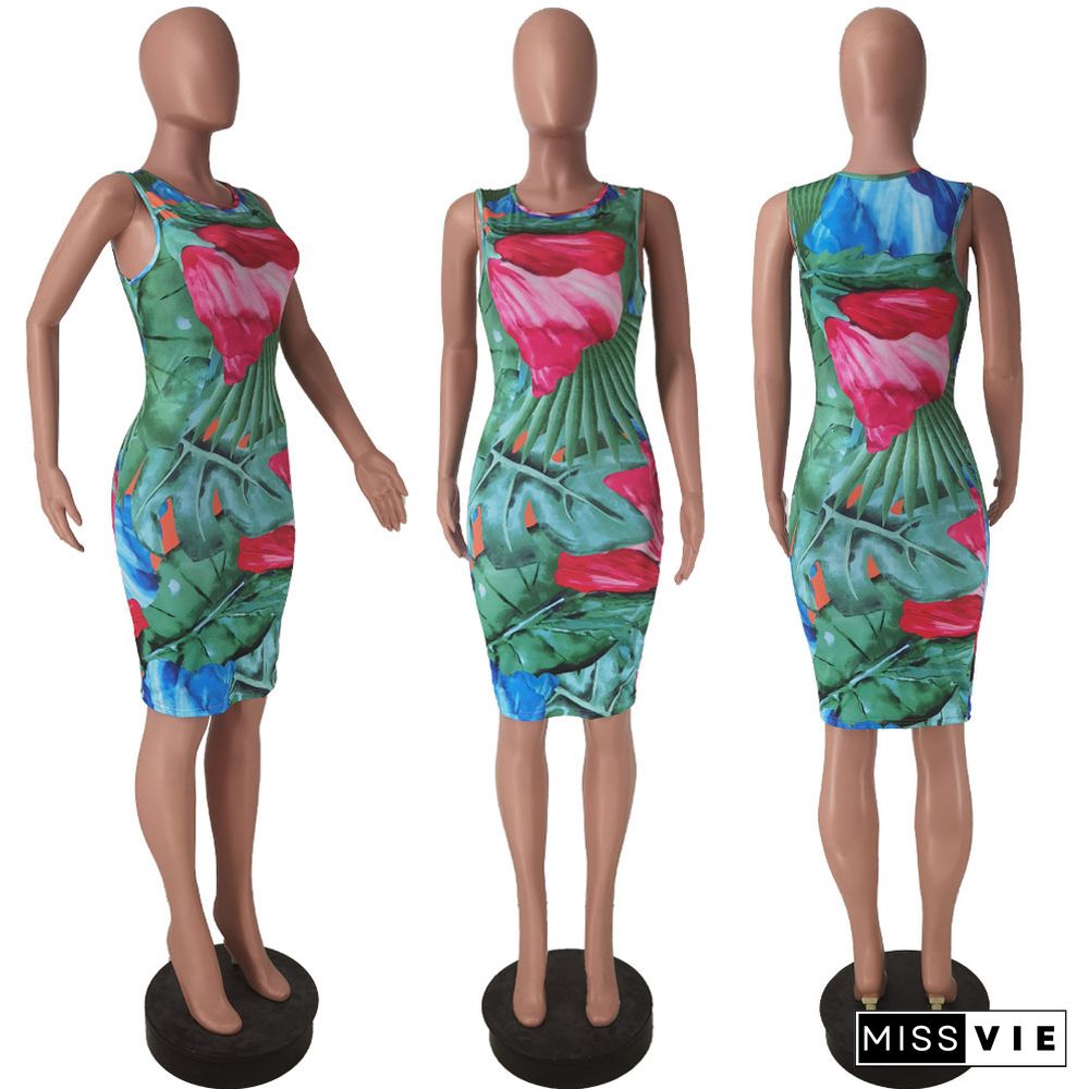 Women Clothing Sexy Summer Print Sleeveless O Neck Basic Bodycon Midi Club Party Dresses