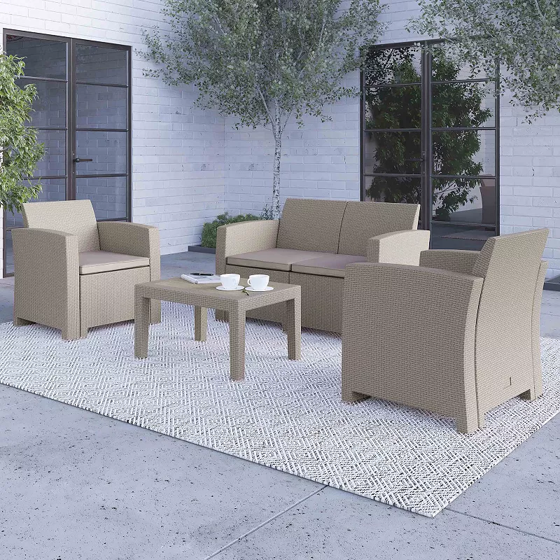 Merrick Lane Ava 4 Piece Faux Rattan Patio Furniture Set with 2 Chairs and Love Seat with Removable Cushions and Table