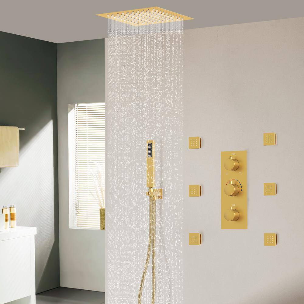 CRANACH 5-Spray LED Ceiling Mount 2.5 GPM Dual Shower Head Fixed and Handheld Shower Head in Brushed Gold (Valve Included) M6378GNLI-1