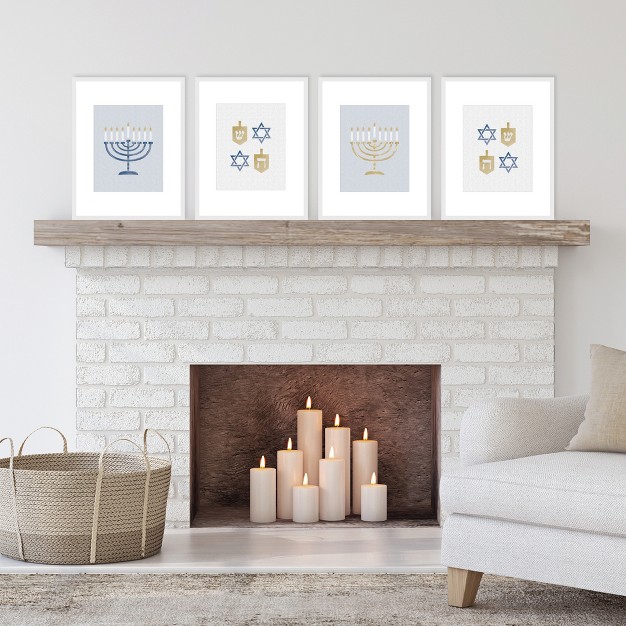 Big Dot Of Happiness Happy Hanukkah Unframed Menorah And Dreidel Chanukah Holiday Linen Paper Wall Art Set Of 4 Artisms 8 X 10 Inches