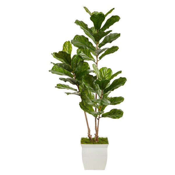 5.5' Fiddle Leaf Artificial Tree in White Metal Planter UV Resistant (Indoor/Outdoor)