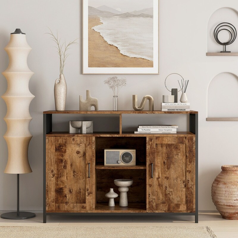 Industrial Style Storage Cabinet  Kitchen Buffet Sideboard with Open Shelves for Dining Room Living Room  Rustic Brown