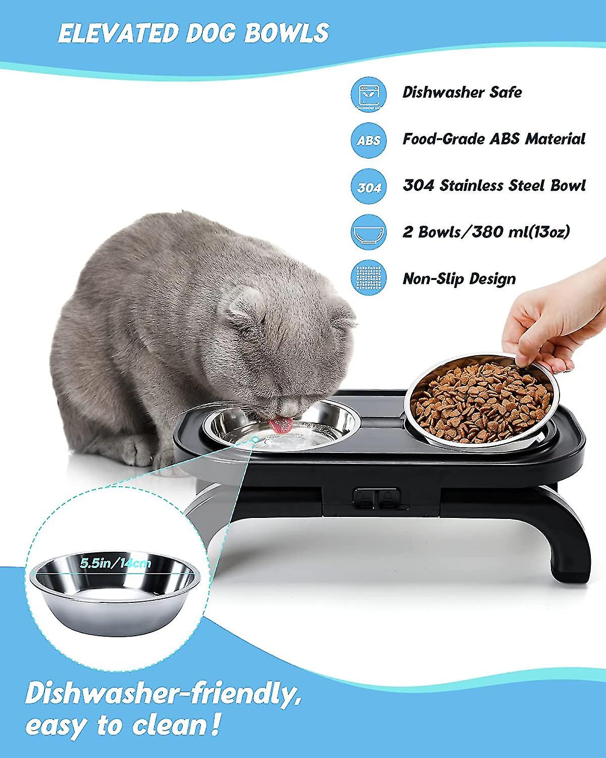 Less Steel Elevated Cat Bowl (2xml)， Adjable H Double Inclined Bowl For Cat//s Dog