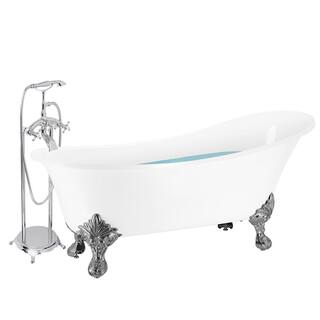 AKDY 69 in. Glossy White Fiberglass Non-Whirlpool Clawfoot Bathtub with Tub Filler Combo - Modern Stand Alone Tub BT0216-23