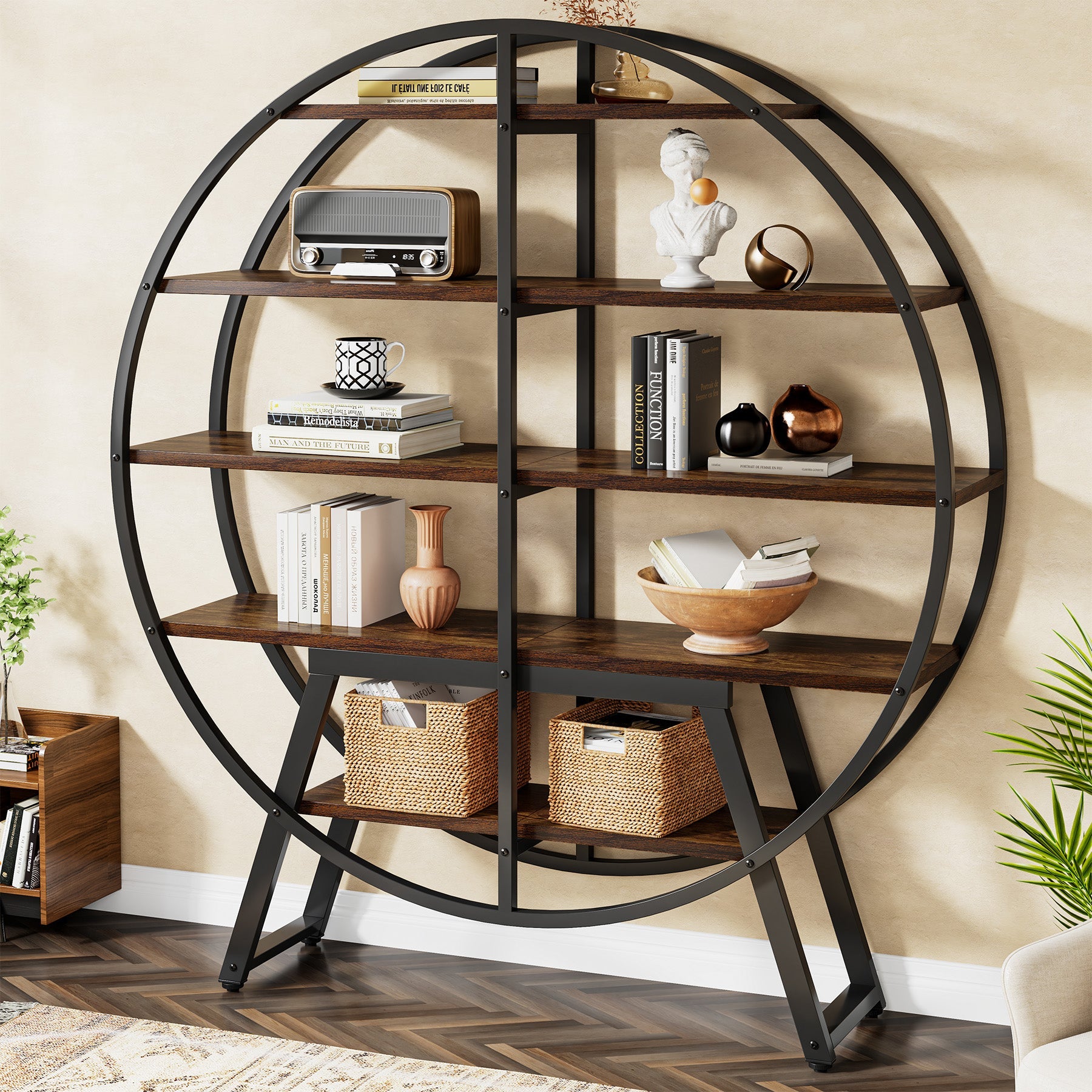 67 Industrial Bookshelf, 5-Tier Round Etagere Bookcase Display Shelf