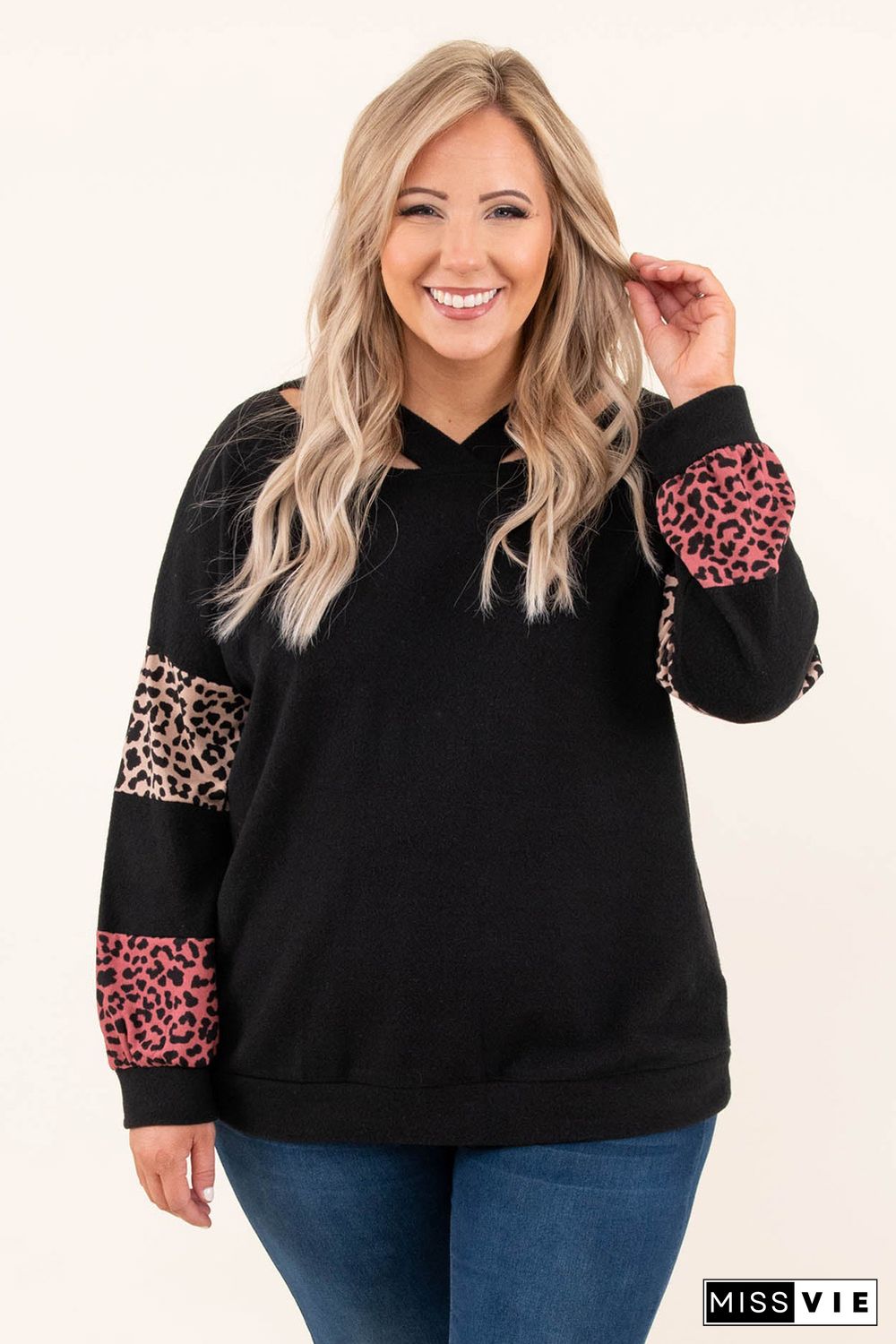 Black Plus Size Leopard Patchwork Strappy Neck Top