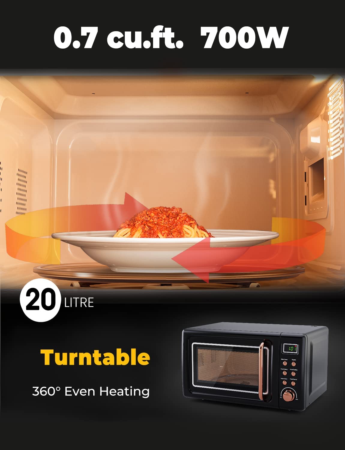 Compact Microwave Oven  General Retro Small Countertop Microwave 0.7 cu. ft. 700W with 8 Auto-cooking Set(Black)