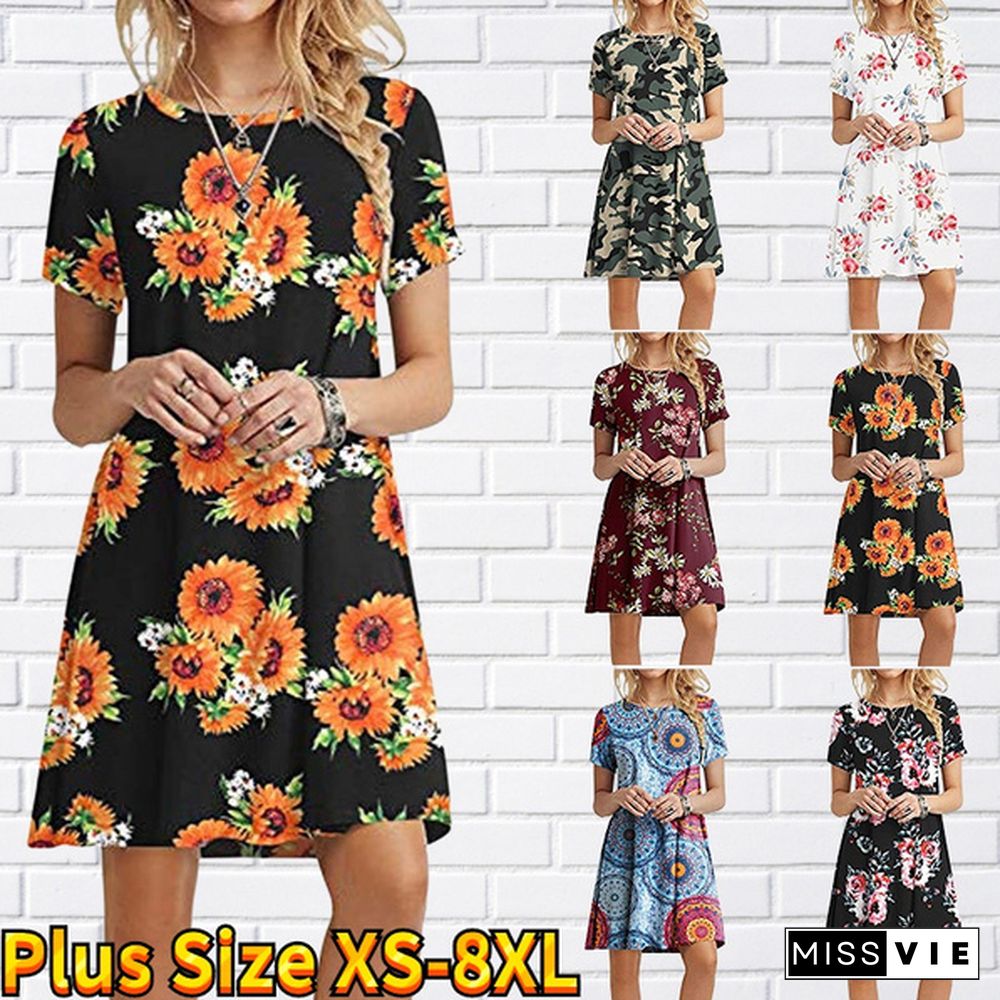 Ladies Fashion Dress Floral Leaf Print Ladies Casual Dress Summer Beach Short Sleeve Dress Long Skirt Plus Size Xs-8Xl