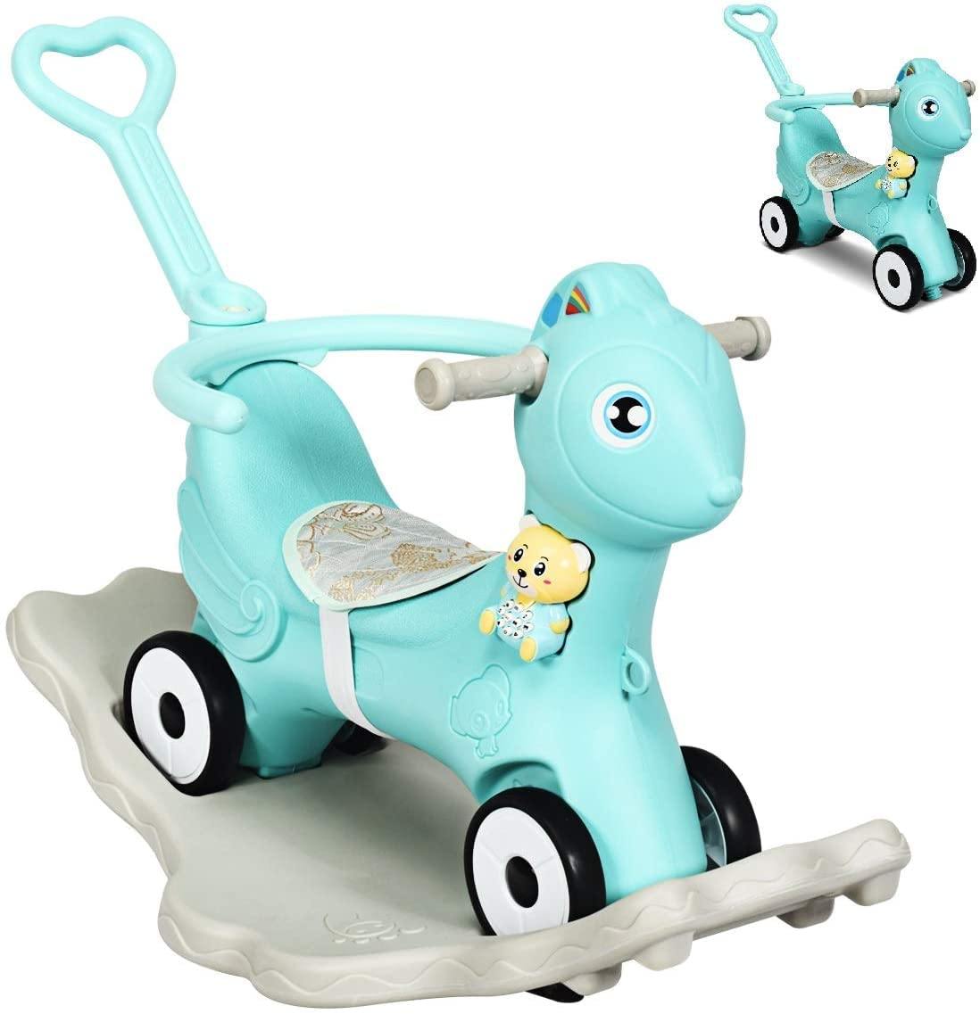 Costzon 4 in 1 Baby Rocking Horse, Ride on Push Car, Push and Ride Racer w/ Music, Green