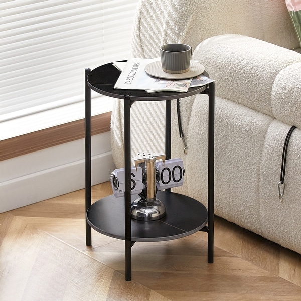 2-layer End Table with Tempered Glass and Marble Tabletop