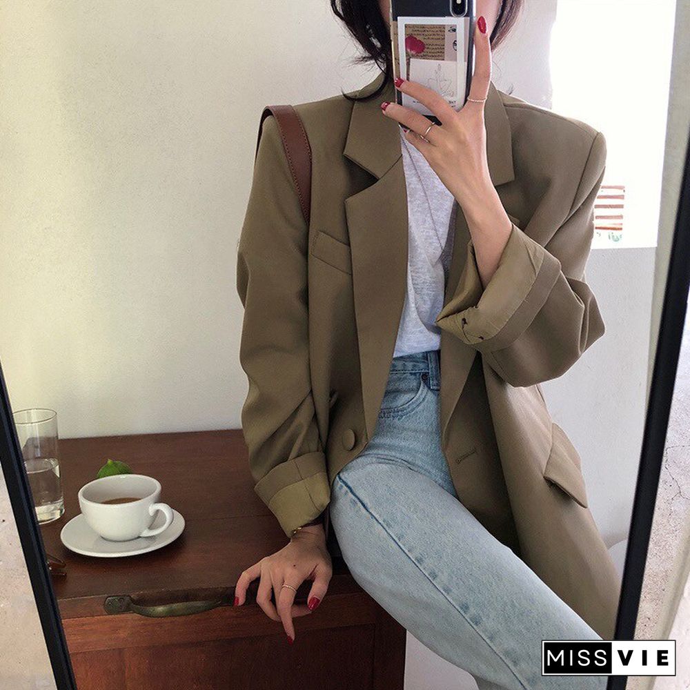 Women'S Jackets Spring New Korean Style Loose Temperament Suit Blazer Casual Light Green One Button Female Suit Jacket