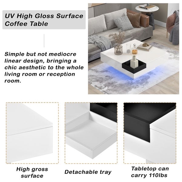 Modern Square Coffee Table with Plug-in 16-color LED Strip Lights