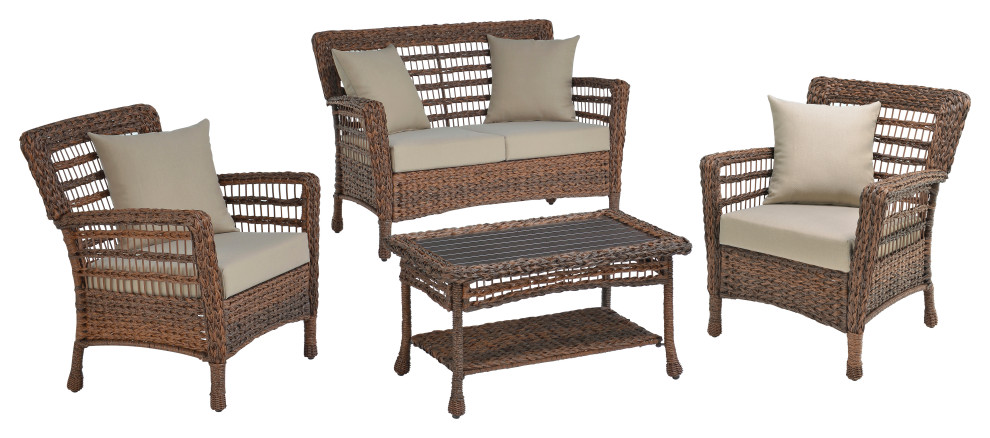 Modern Concept Faux Sea Grass Resin Rattan Conversation Set  Set of 4   Tropical   Outdoor Lounge Sets   by W Unlimited  Houzz